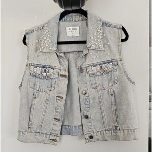 Pearl-Studded Light Denim Vest